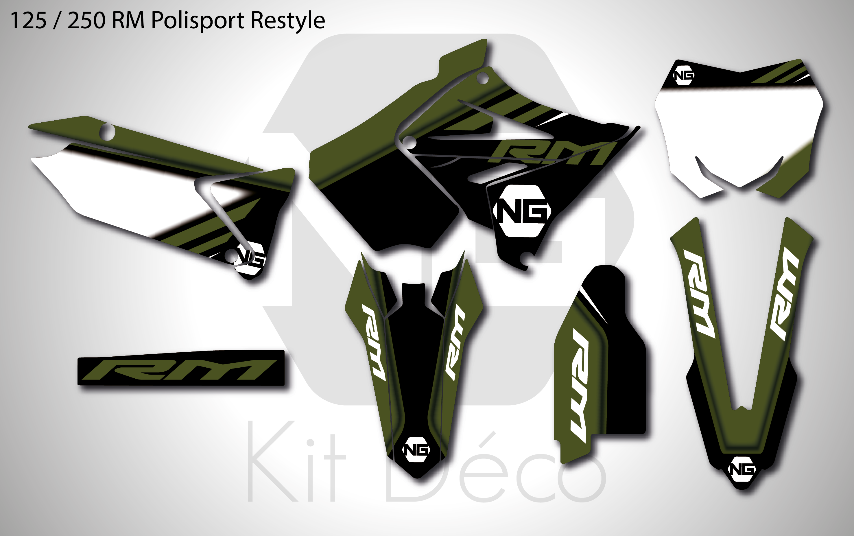 kit déco suzuki 125 250 RM polisport restyle ng mz kaki motocross decals stickers graphics autocollant_Plan de travail 1