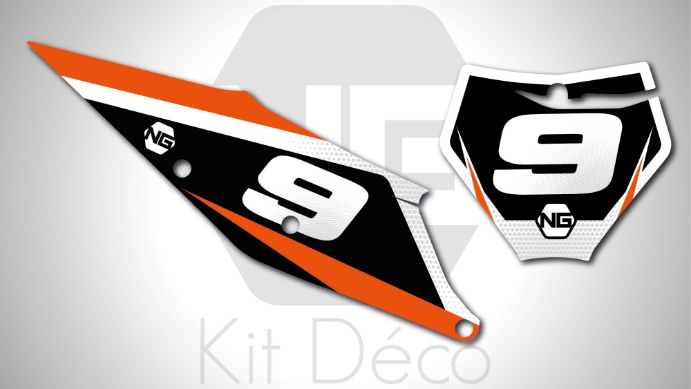 kit déco fond de plaque numéro motocrossKTM sx sxf 50 65 85 125 250 350 450 ng kit déco décals graphics stickers autocollant spike orange blanc 2020