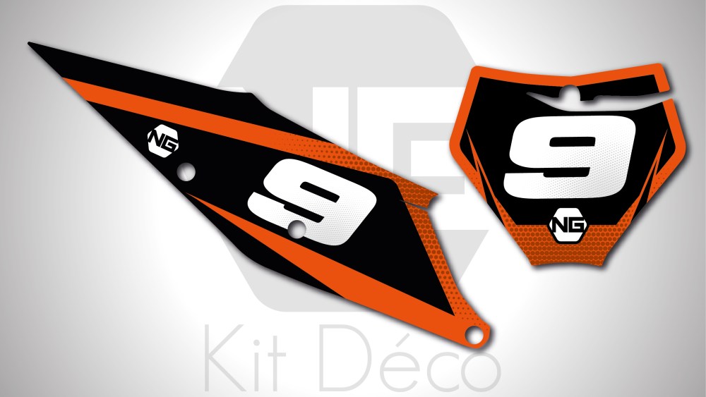 kit déco fond de plaque numéro motocross KTM sx sxf 50 65 85 125 250 350 450 ng kit déco décals graphics stickers autocollant spike orange noir 2019