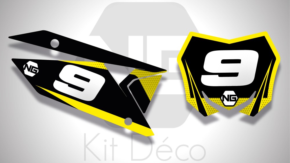 kit déco fond de plaque Suzuki 65 85 125 250 450 rm rmz ng kit déco décals stickers graphics autocollant spike noir jaune