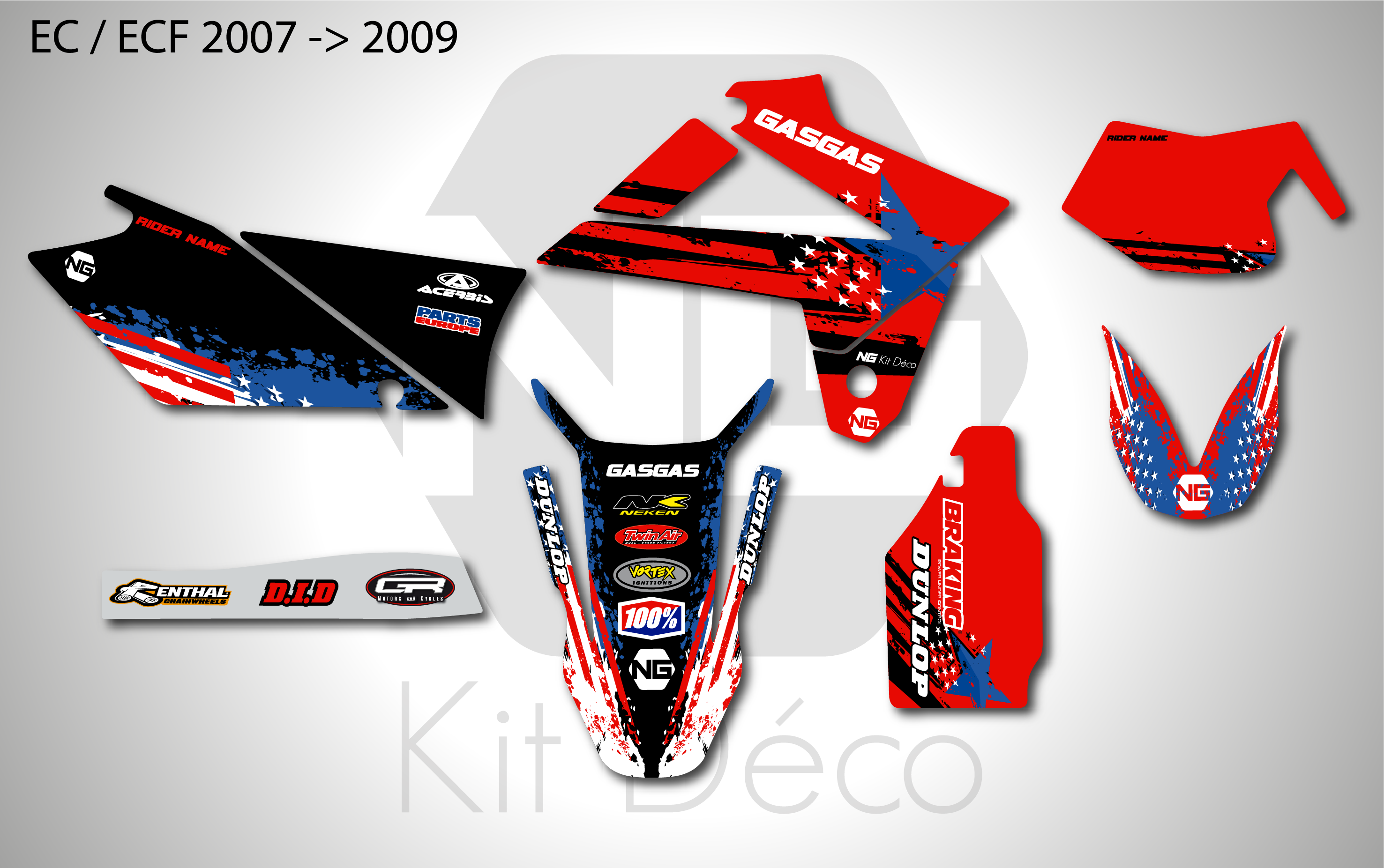 kit déco gasgas 125 200 250 300 350 450 ec ecf 2007 2008 2009 enduro ng usa series decals stickers graphics autocollant adhesifs