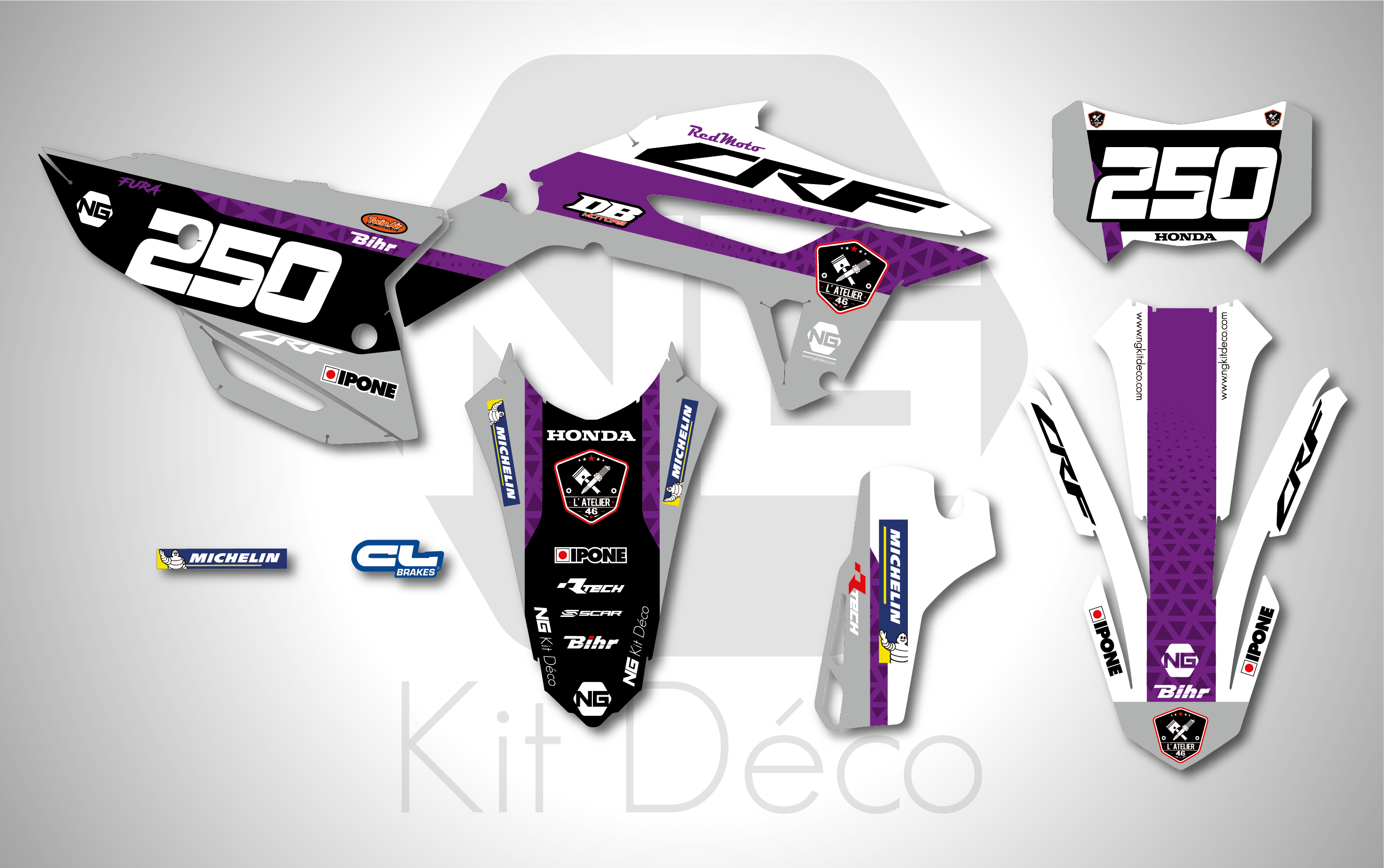 kit déco 250 300 400 450 crf rx 2021 2022 2023 2024 honda enduro ng l'atelier purple decals stickers graphics autocollant adhesifs_Plan de travail 1