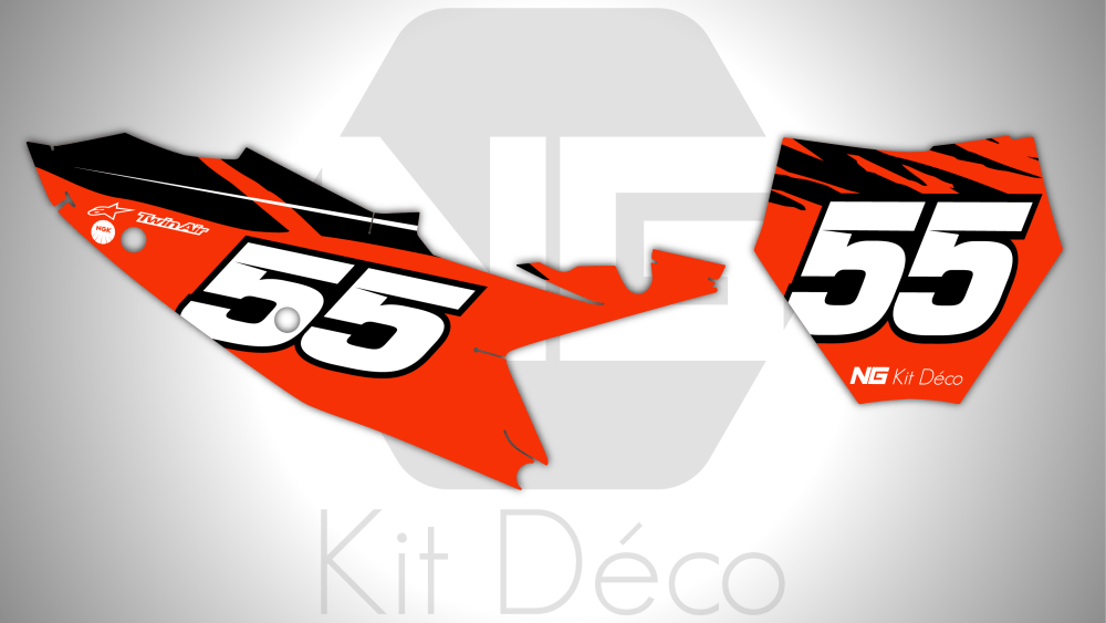 kit déco fond de plaque numéro 50 65 85 125 150 250 300 350 450 sx sxf ktm 2025 2026 2027 2028 motocross ng halfback orange blanc noir mx decals graphics stickers autocollant adhesifs