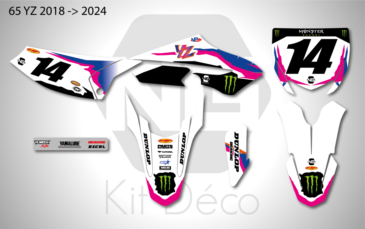 Kit Déco Motocross Yamaha PW 50 Tory Rose - Autocollants Plaques Et Garde-boue - 1996 à 2023 - 4