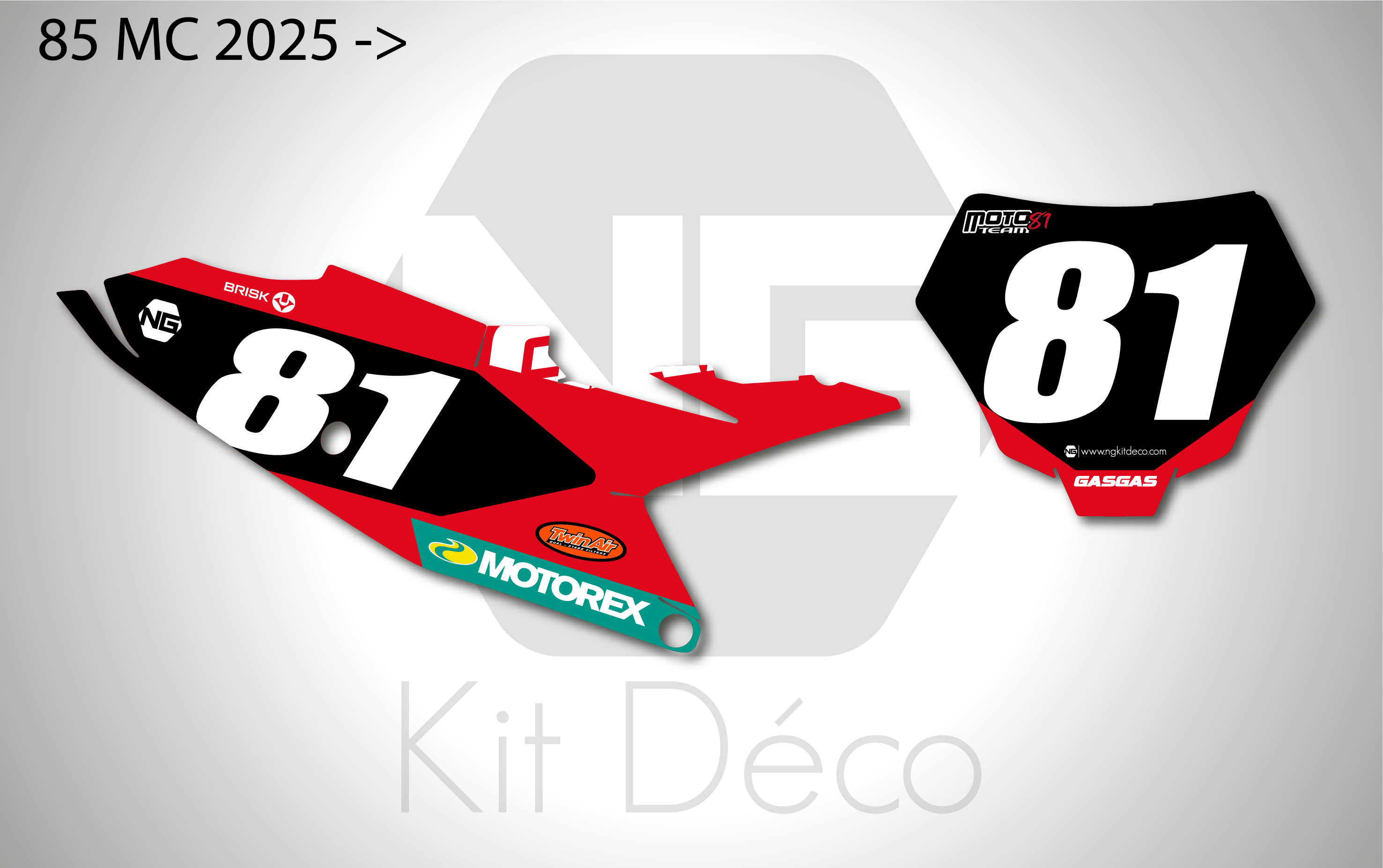 kit déco fond de plaques numéros 85 mc 2025 2026 2027 gasgas motocross ng mt81 2023 mx gaphics stickers autocollant adhesifs