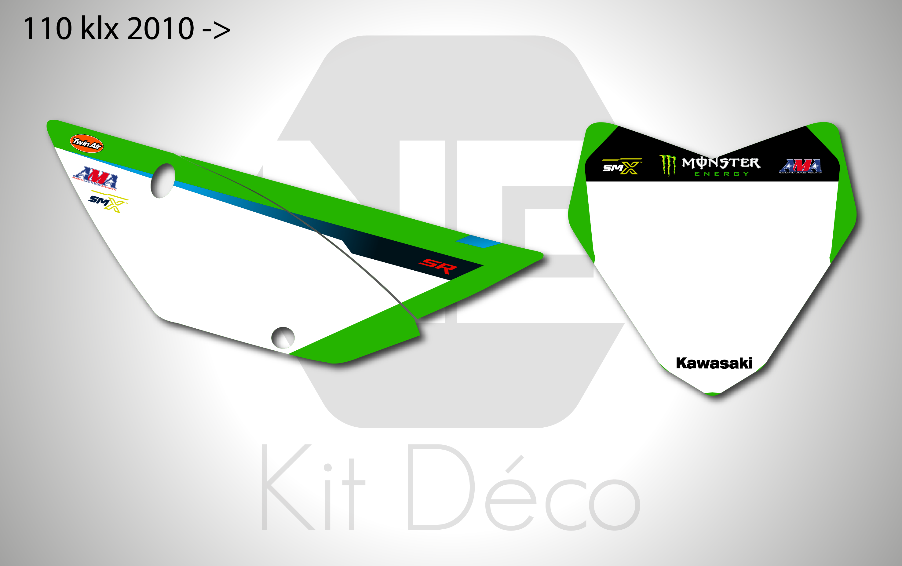 kit déco fond de plaques numéros 110 klx 2010 2026 kawasaki ng factory 2025 motocross decals stickers graphics autocollant adhésifs