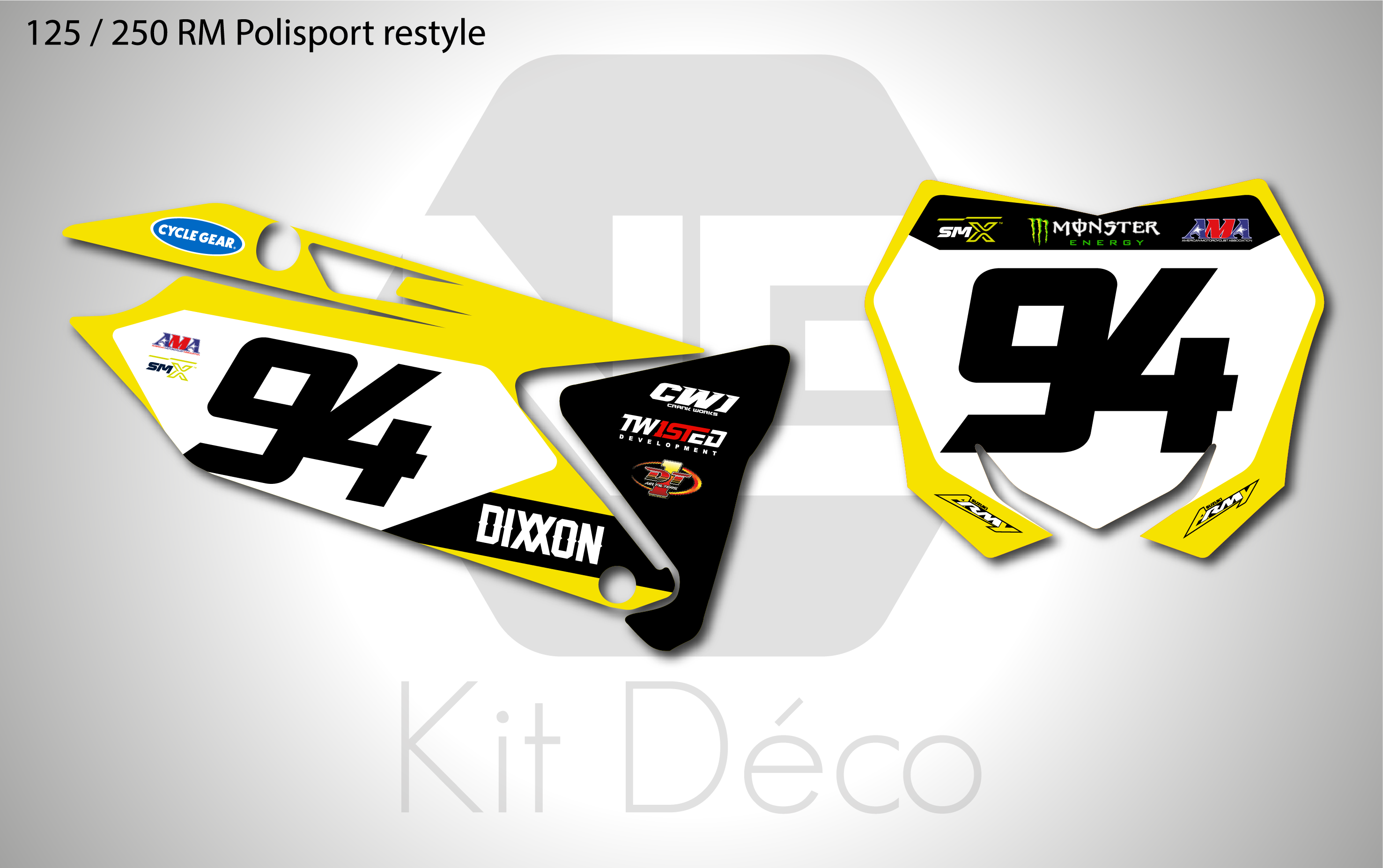 kit déco fond de plaques numéros 125 250 rm polisport restyle suzuki ng motocross factoyr 2025 decals stickers graphics autocollant adhesifs