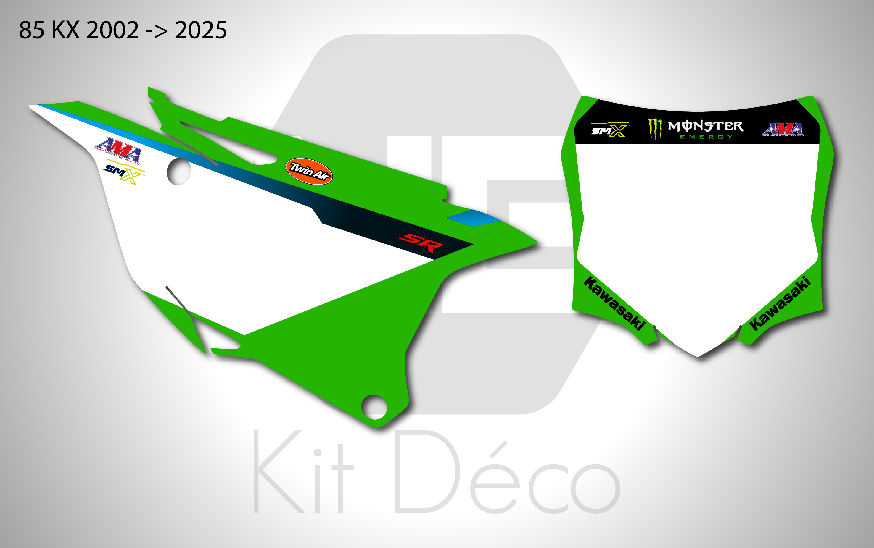 kit déco fond de plaques numéros 85 kx 2022 2023 2024 2025 kawasaki ng factory 2025 motocross decals mx graphics stickers autocollant adhesifs