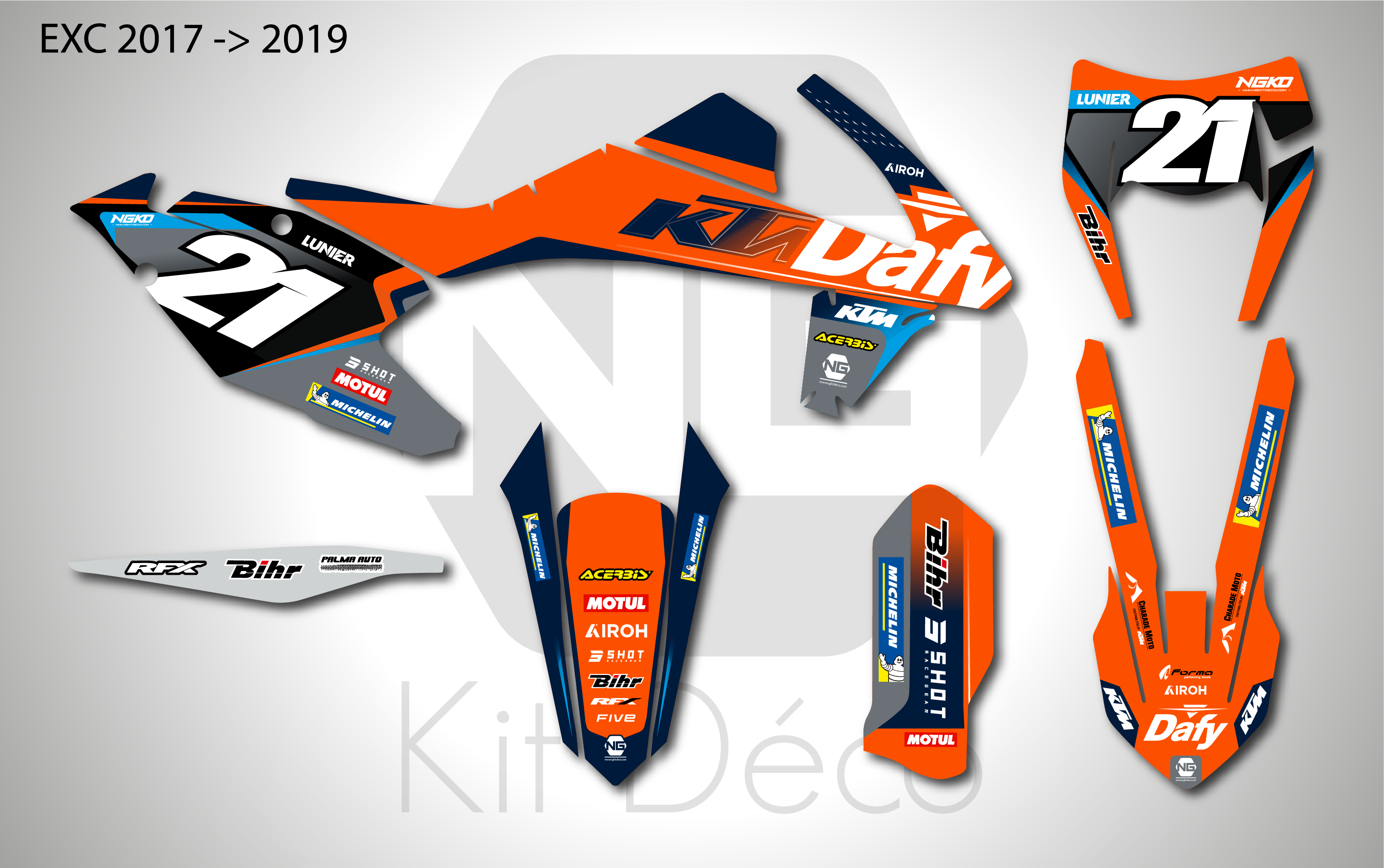 kit déco ktm 125 250 300 350 450 500 exc excf tpi xcw 2017 2018 2019 enduro ng team dafy 2025 decals stickers graphics autocollant adhesifs_Plan de travail 1