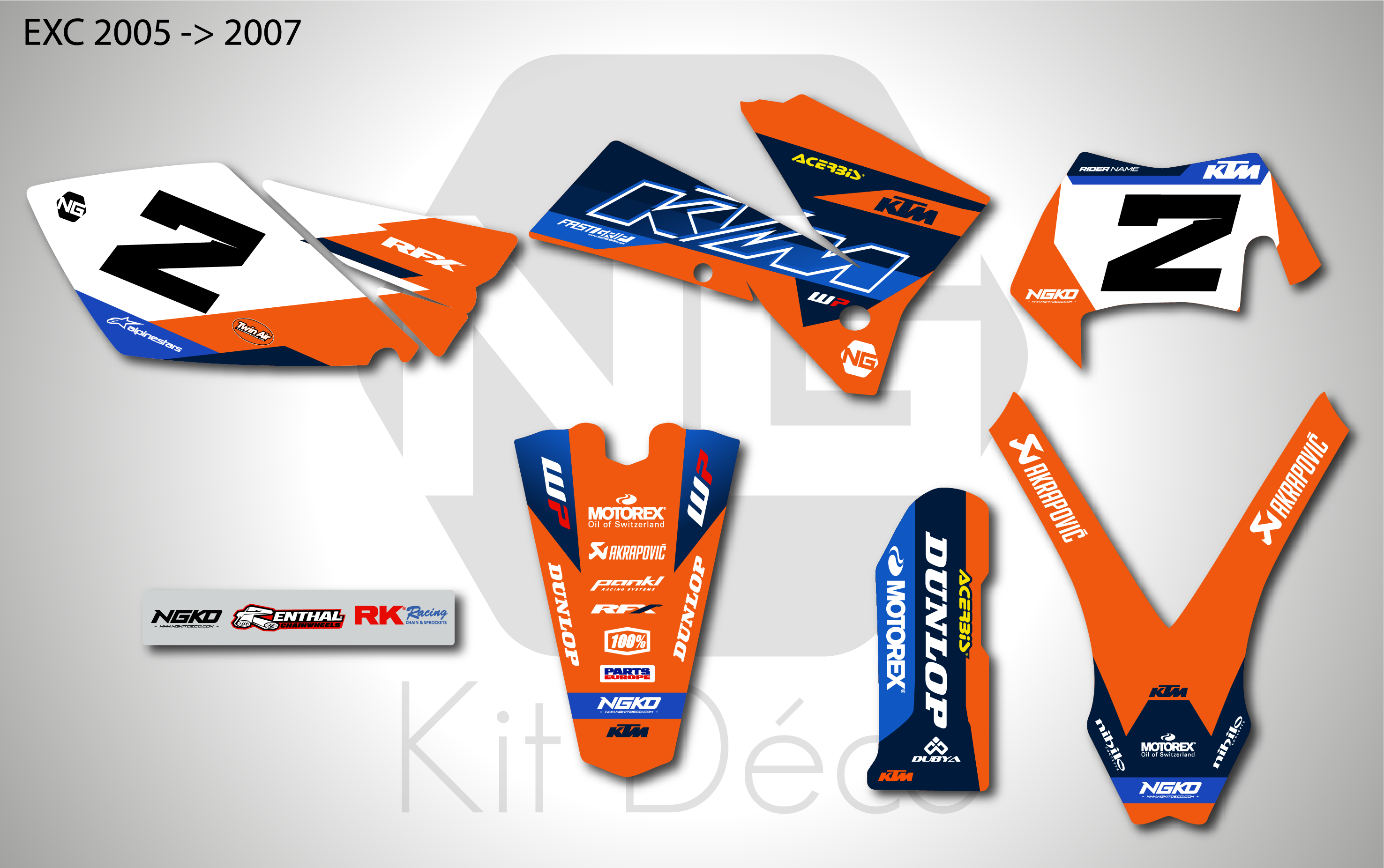 kit déco ktm 125 200 250 300 350 450 500 exc exc tpi xcw 2005 2006 2007 enduro ng bax séries decals stickers graphics autocollant adhesifs