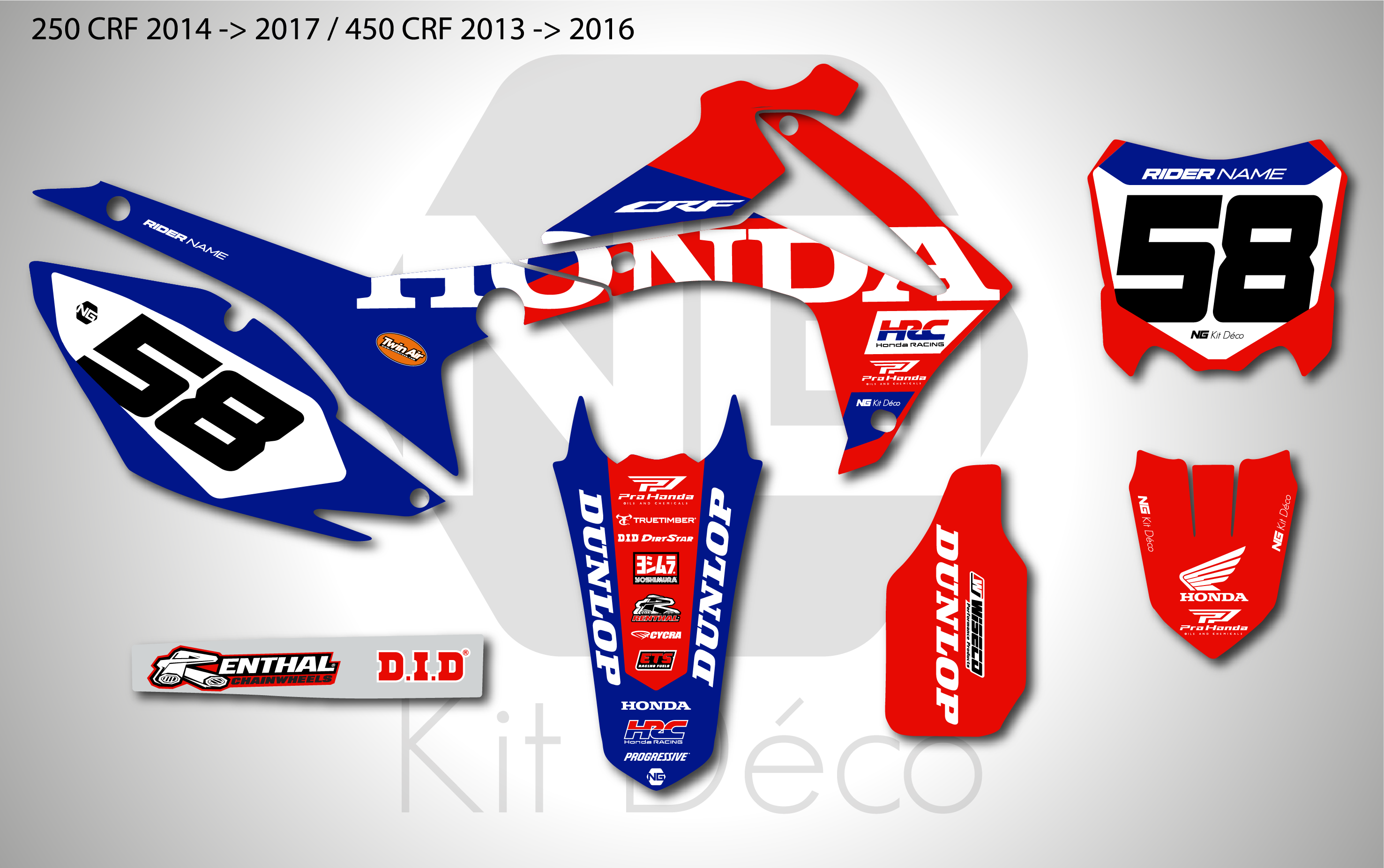 kit déco 250 450 crf 2013 2014 2015 2016 2017 honda ng motocross factory hrc 2026 rouge bleu blanc mx decals stickers graphics autocollant adhesifs