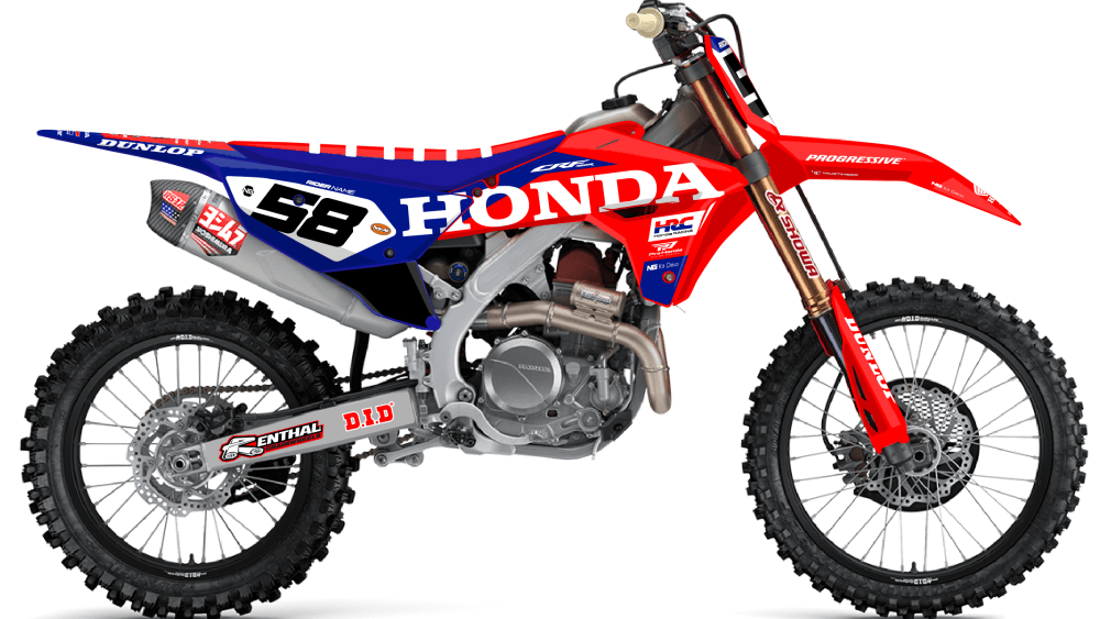 kit déco 250 450 crf 2027 2028 honda motocross ng factory hrc 2026 2 rougel bleu blanc mx decals graphics stickers autocollant adhesifs visuel