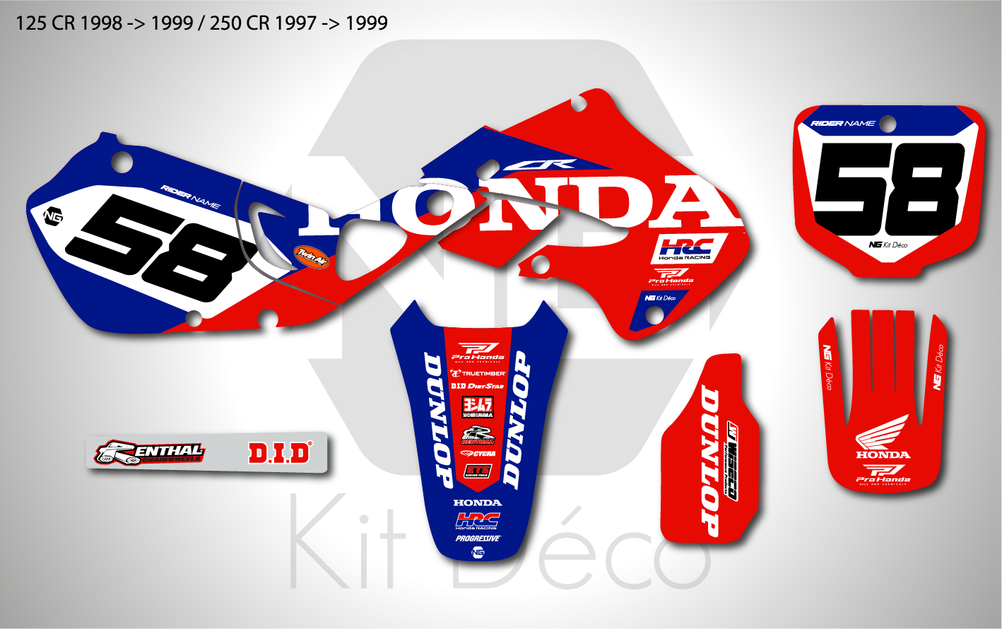 kit déco honda 125 250 cr 1997 1998 1999 motocross ng factory hrc 2026 2 rouge bleu mx decals stickers graphics autocollant adhesifs