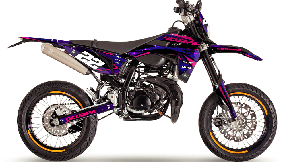 kit déco 50 cc scorpa se sm 2022 2023 2024 2026 2027 2028 ng space espace bleu rose noir séries moto decals stickers graphics autocollant adhesifs visuel