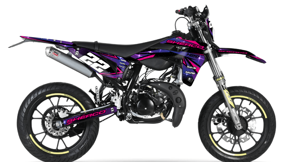 kit déco sherco 50 se sm 2013 2014 2015 2016 2017 2018 2019 2020 2021 2022 2023 2024 2025 2026 2027 2028 ng space espace bleu rose violet decals stickers graphics autocollant adhesifs visuel