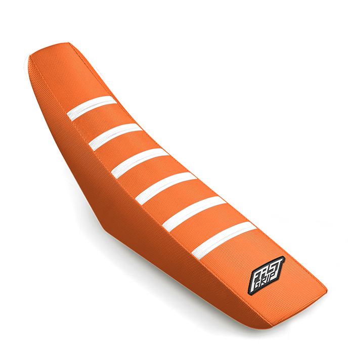 housse de selle ktm 50 65 85 125 250 300 350 450 500 sx sxf exc excf fast grip anti dérapante orange blanche