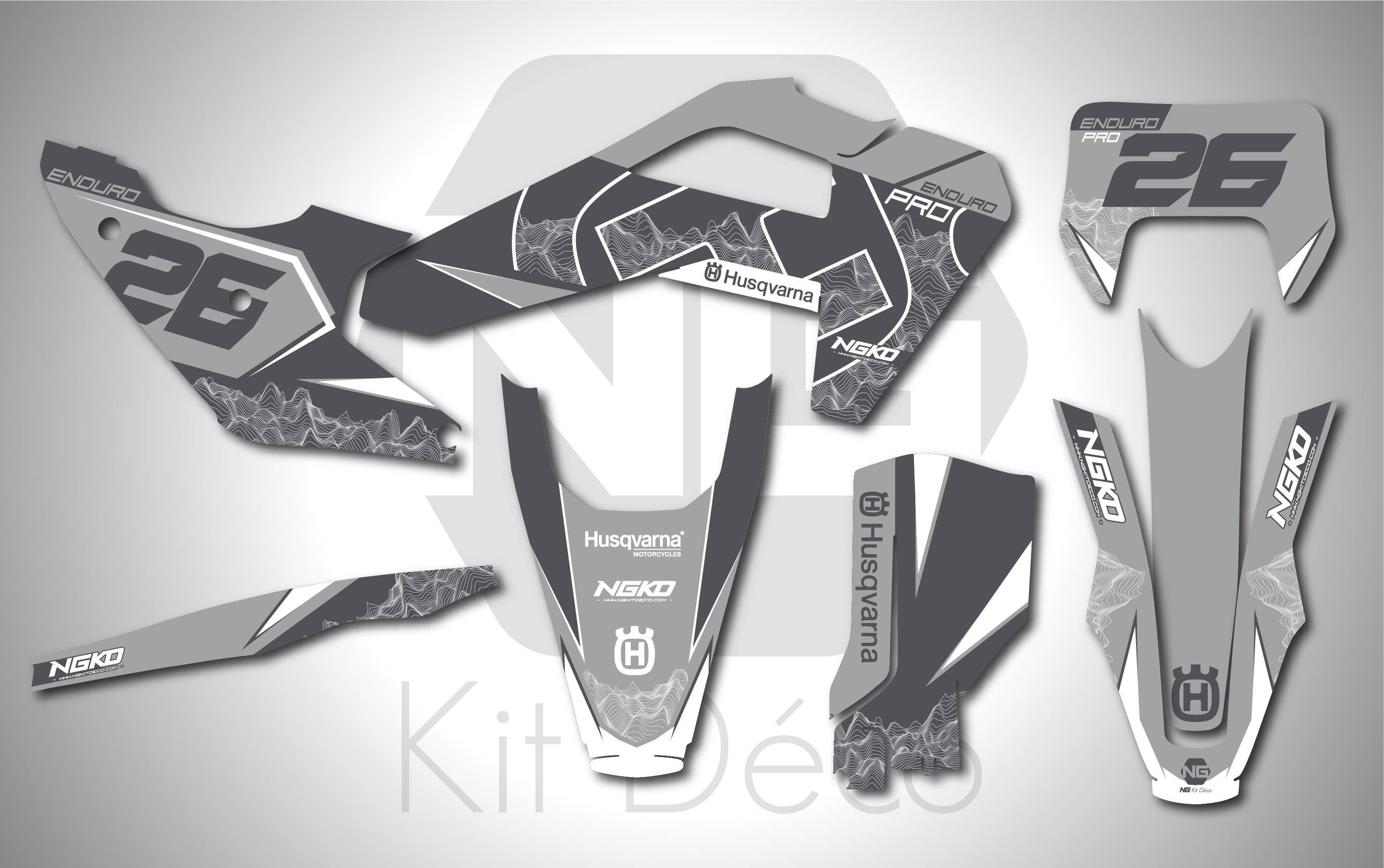 kit déco 125 250 300 350 450 501 te fe husqvarna 2026 2027 2028 enduro ng pro enduro séries 2026 gris blanc decals stickers graphics autocollant adhesifs