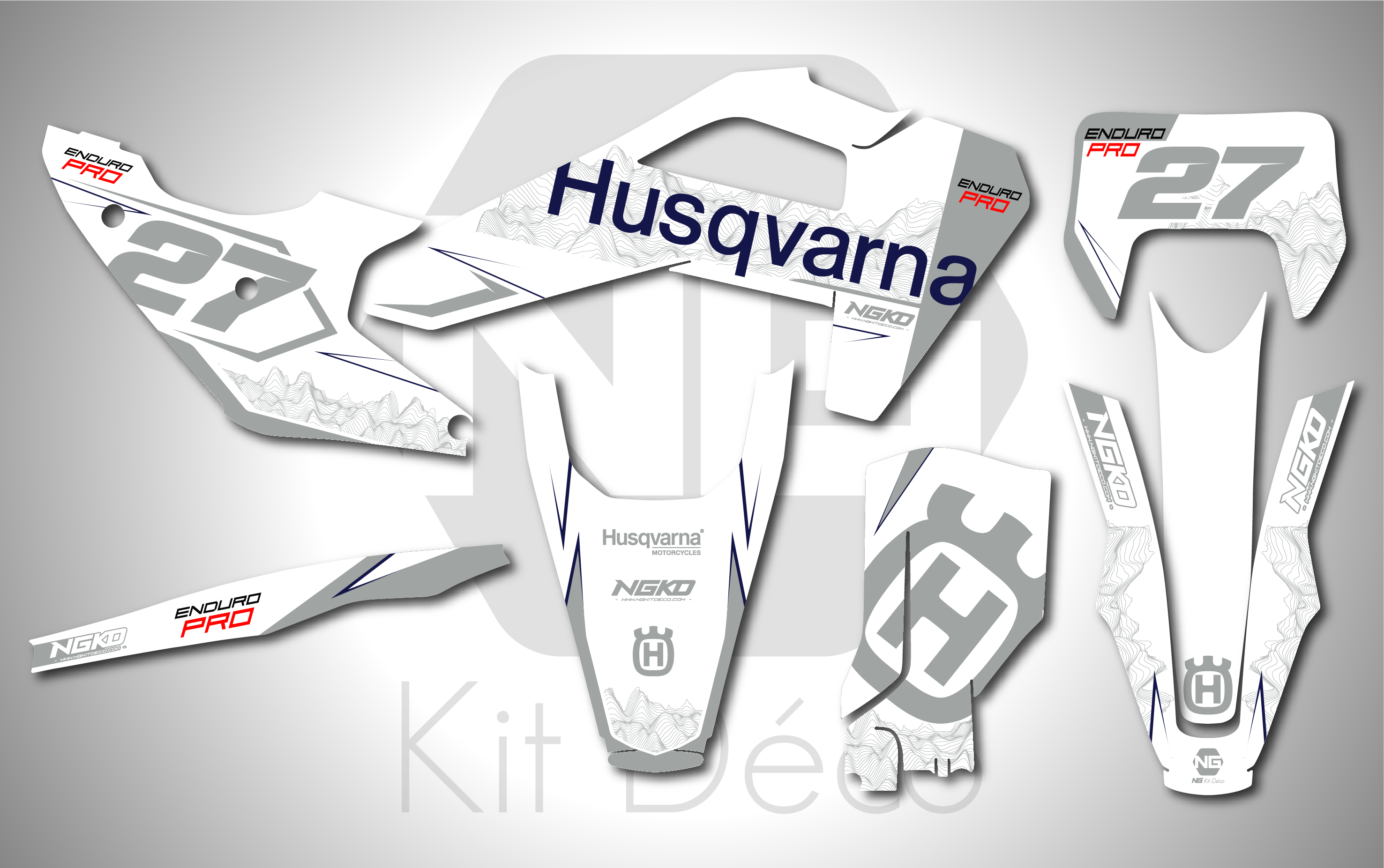 kit déco 125 250 300 350 450 501 te fe husqvarna 2026 2027 2028 enduro ng pro enduro séries 2027 gris blanc decals stickers graphics autocollant adhesifs