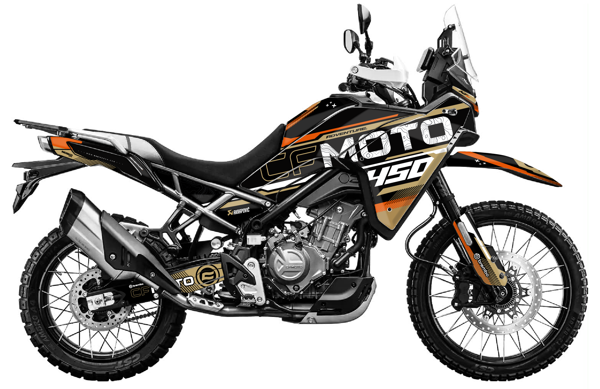 kit déco cf moto cfmoto 450 mt 450mt 2025 2026 2027 2028 trail ng race séries marron orange hnoir decals stickers adventure graphics autocollant adhesifs visuel