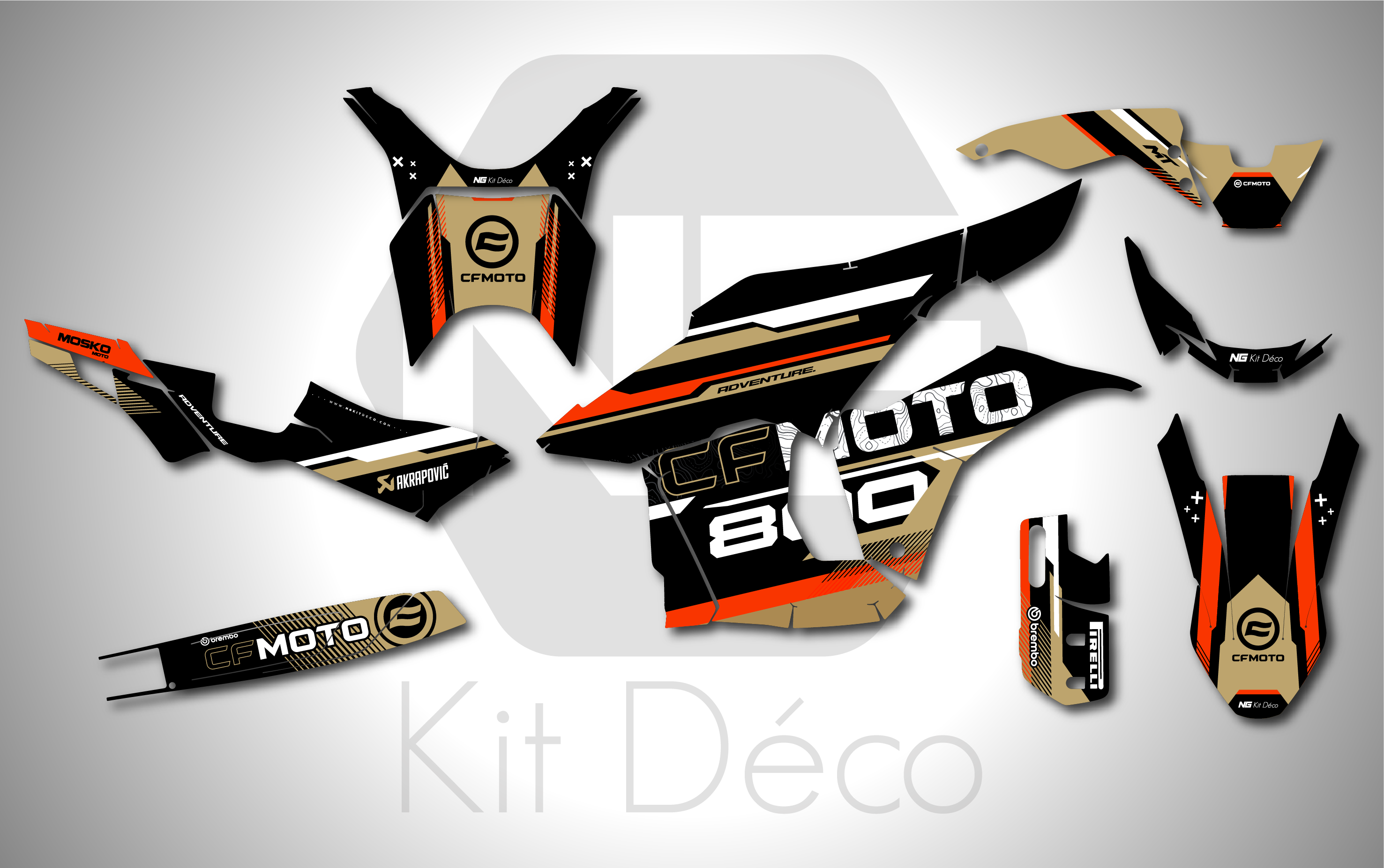 kit déco cf moto cfmoto 800 mtx 800mtx 2025 2026 2027 trail ng race séries marron orange decals stickers adventure graphics autocollant adhesifs