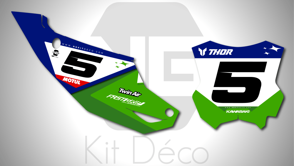 kit déco fond de plaques numéros 450 250 kx kxf 2024 2025 2026 2027 kawasaki motocross ng ace séries vert bleu blanc mx decals stickers graphics autocollant adhesifs