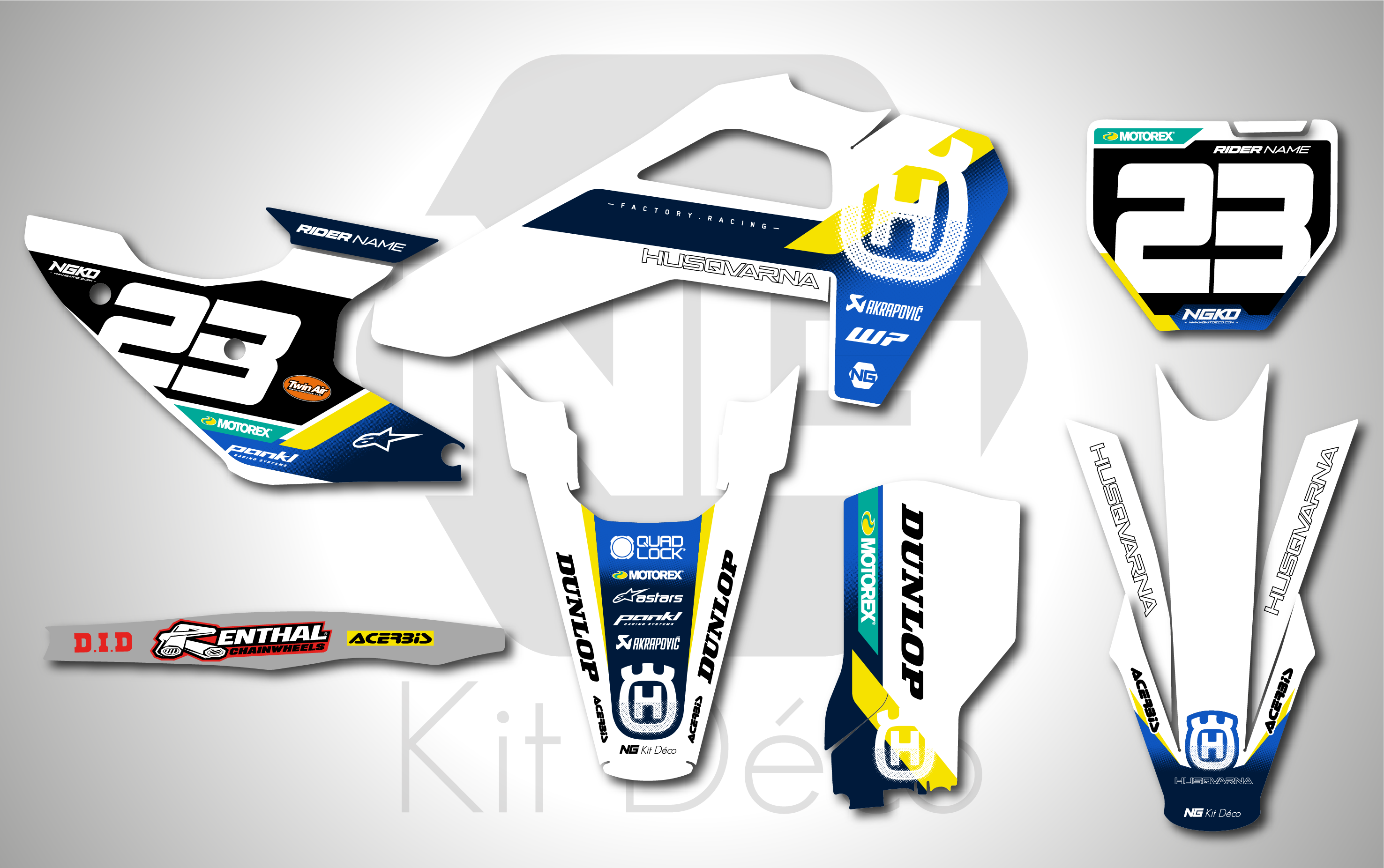 kit déco 50 65 85 125 150 250 300 350 450 TC fc 2025 2026 2027 2028 husqvarna ng attack séries blanc bleu jaune motocross graphics mx decals autocollant adhesifs