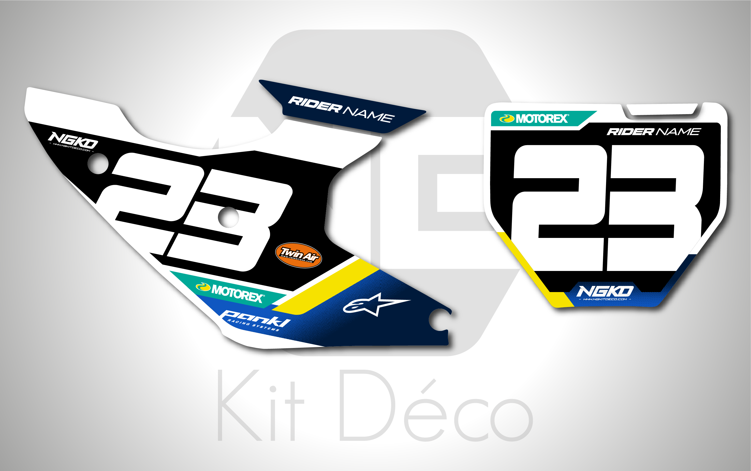 kit déco fond de plaque numéros 125 150 250 300 350 450 TC fc 2025 2026 2027 2028 husqvarna ng attack séries blanc bleu jaune motocross graphics mx decals autocollant adhesifs