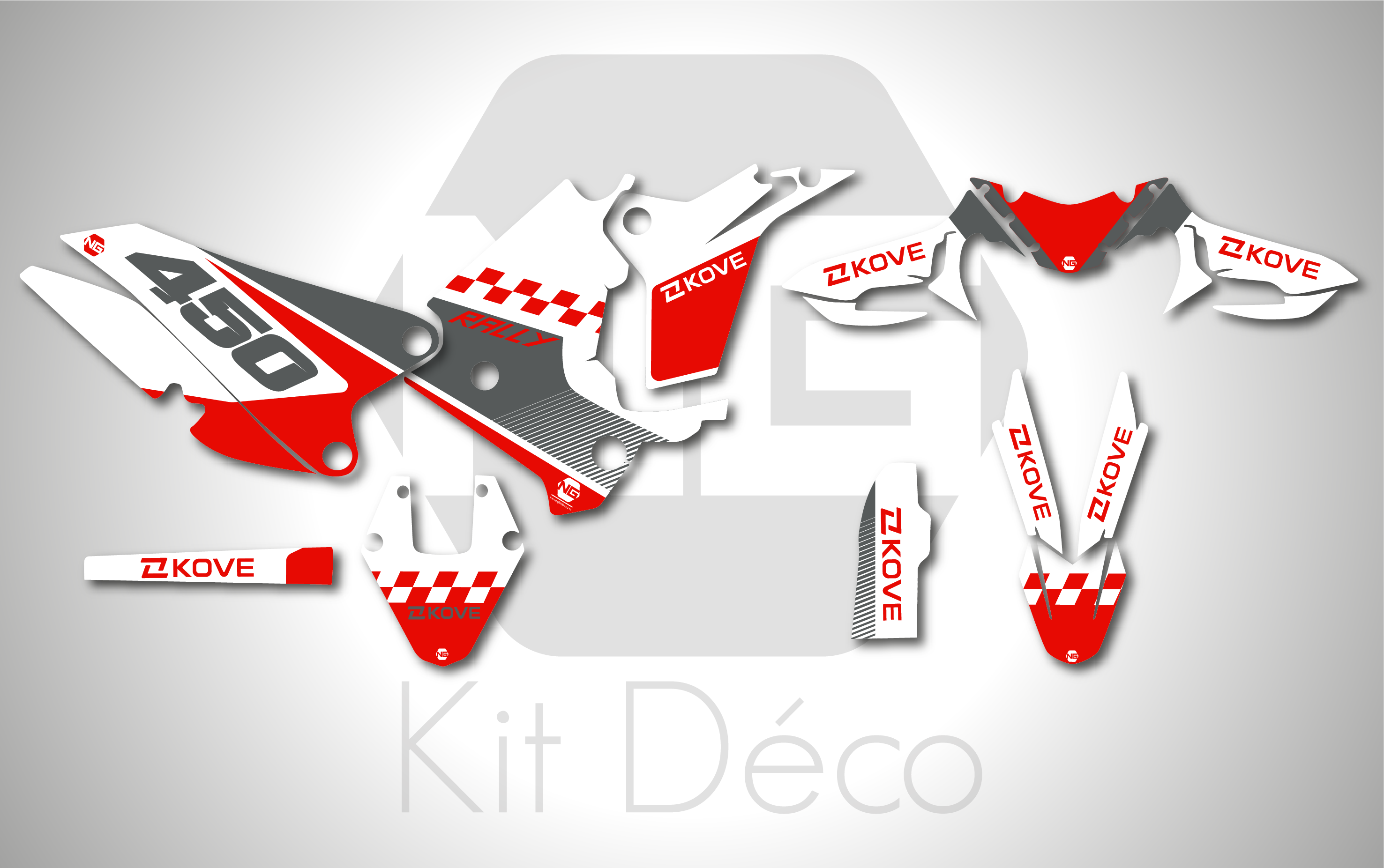 kit déco kove 450 rally 2023 2024 2025 2026 2027 2028 trail moto ng damier séries rouge blanc gris decals stickers graphics autocollant adhesifs