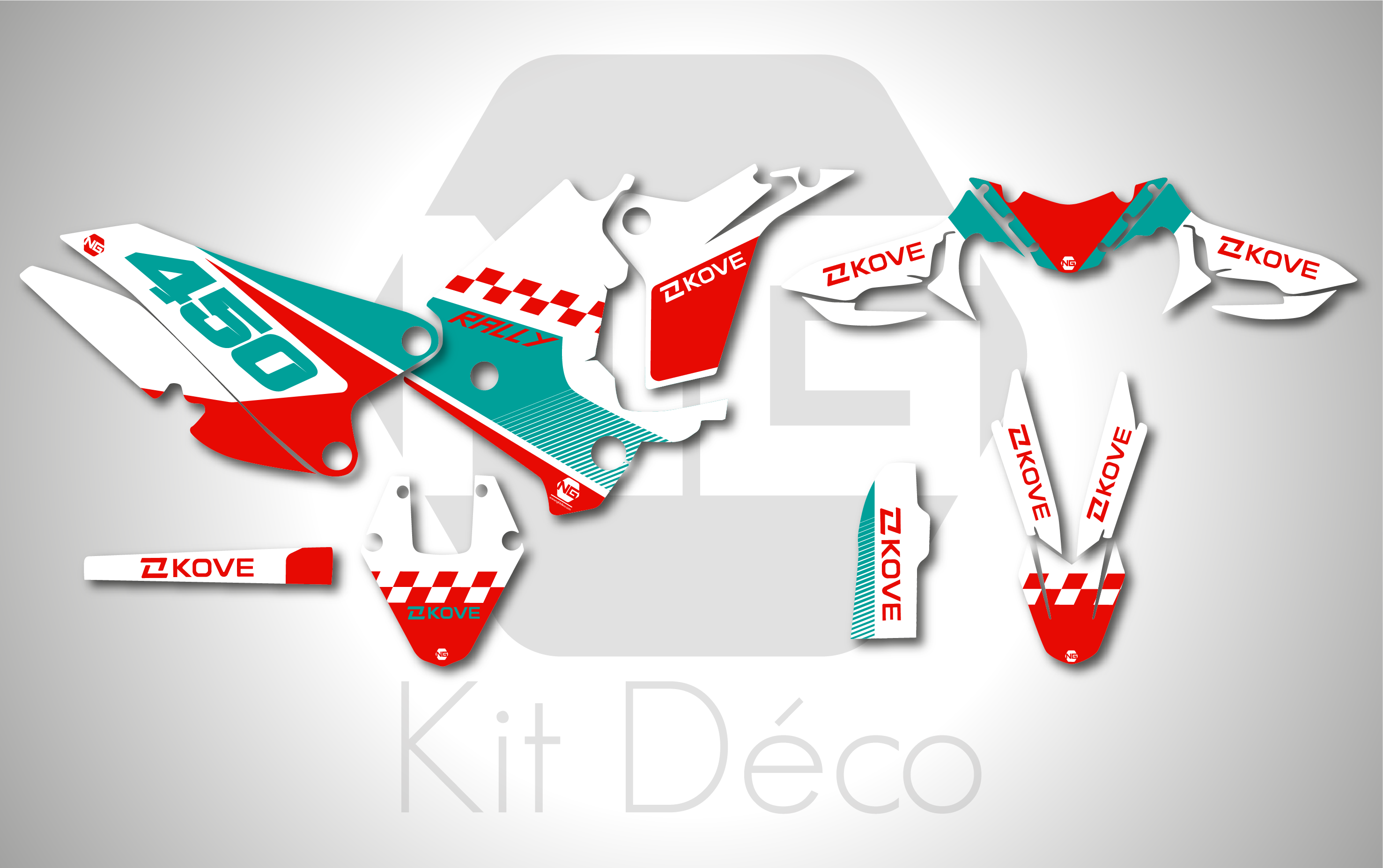kit déco kove 450 rally 2023 2024 2025 2026 2027 2028 trail moto ng damier séries vert rouge blanc mint decals stickers graphics autocollant adhesifs