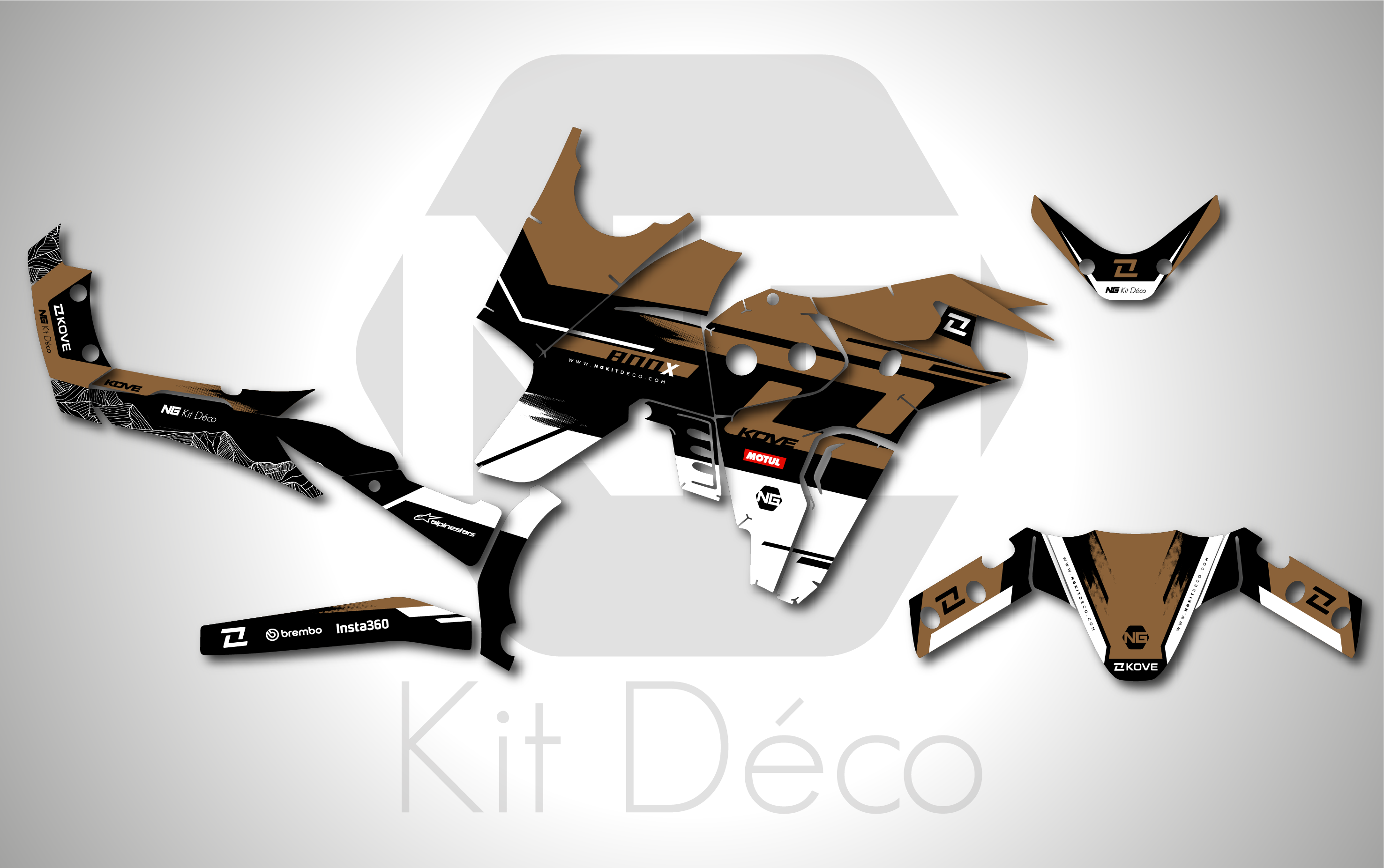 kit déco kove 800 x rally 2024 2025 2026 2027 2028 2029 trail moto ng TWID séries brown marron noir blanc decals stickers graphics autocollant adhesifs