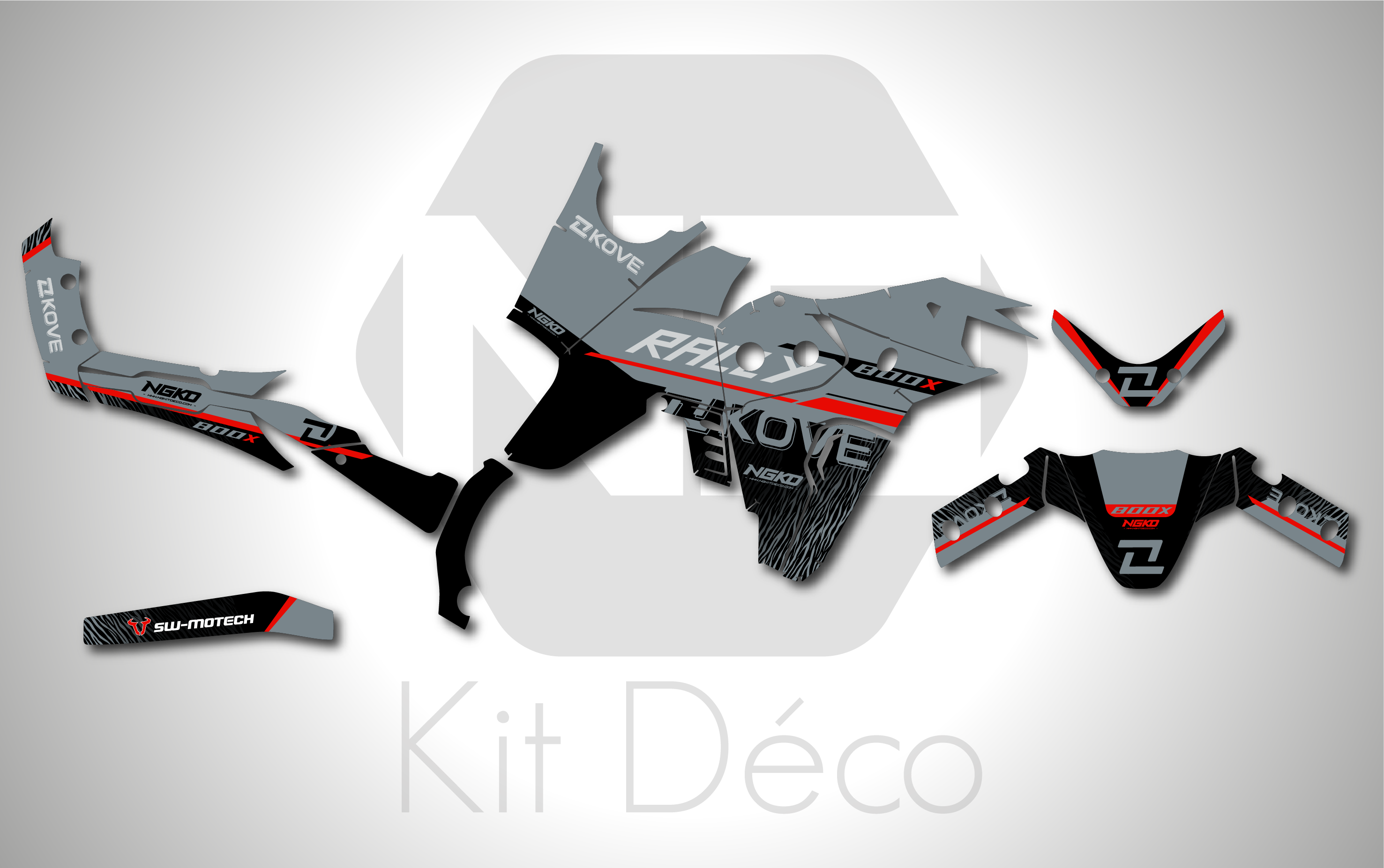 kit déco kove 800 x rally 2024 2025 2026 2027 2028 2029 trail moto ng raid séries noir gris rouge decals stickers graphics autocollant adhesifs